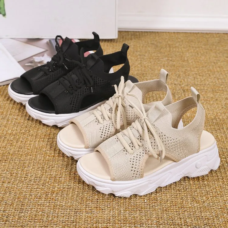 Women's Mesh Platform Lace-Up Fish Mouth Flyknit Open Toe Sandals