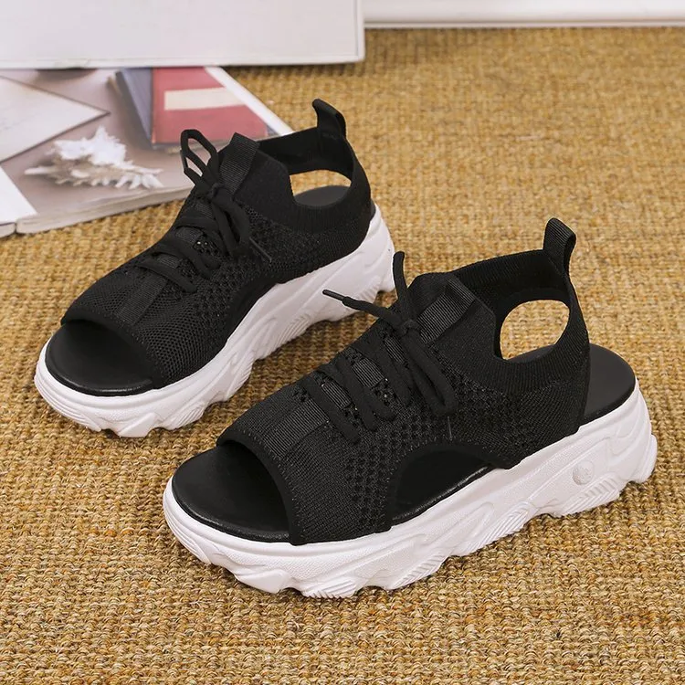 Women's Mesh Platform Lace-Up Fish Mouth Flyknit Open Toe Sandals