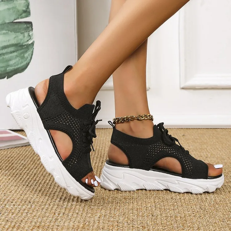 Women's Mesh Platform Lace-Up Fish Mouth Flyknit Open Toe Sandals