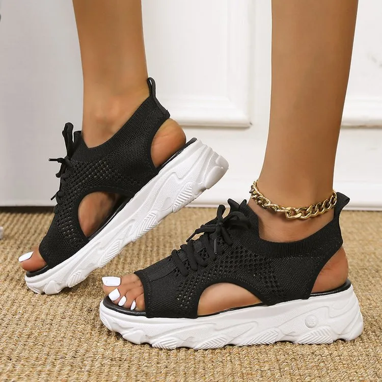 Women's Mesh Platform Lace-Up Fish Mouth Flyknit Open Toe Sandals