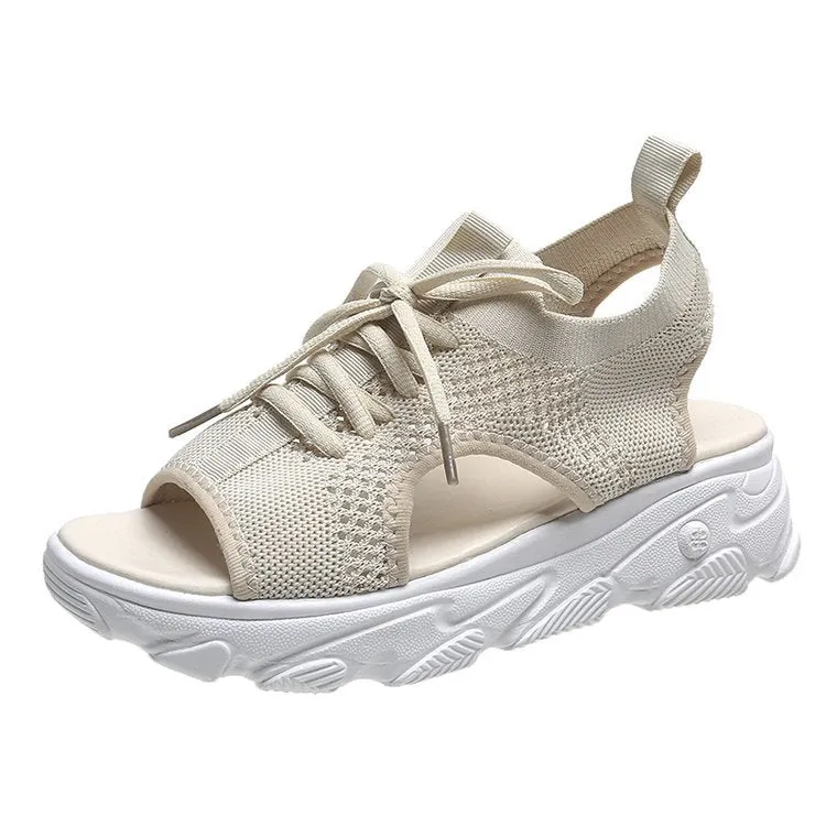 Women's Mesh Platform Lace-Up Fish Mouth Flyknit Open Toe Sandals
