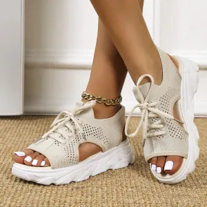 Women's Mesh Platform Lace-Up Fish Mouth Flyknit Open Toe Sandals