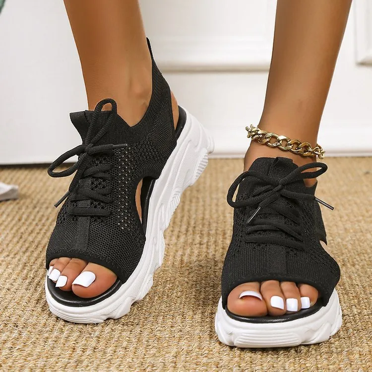 Women's Mesh Platform Lace-Up Fish Mouth Flyknit Open Toe Sandals