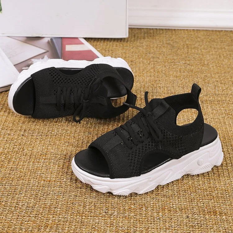 Women's Mesh Platform Lace-Up Fish Mouth Flyknit Open Toe Sandals