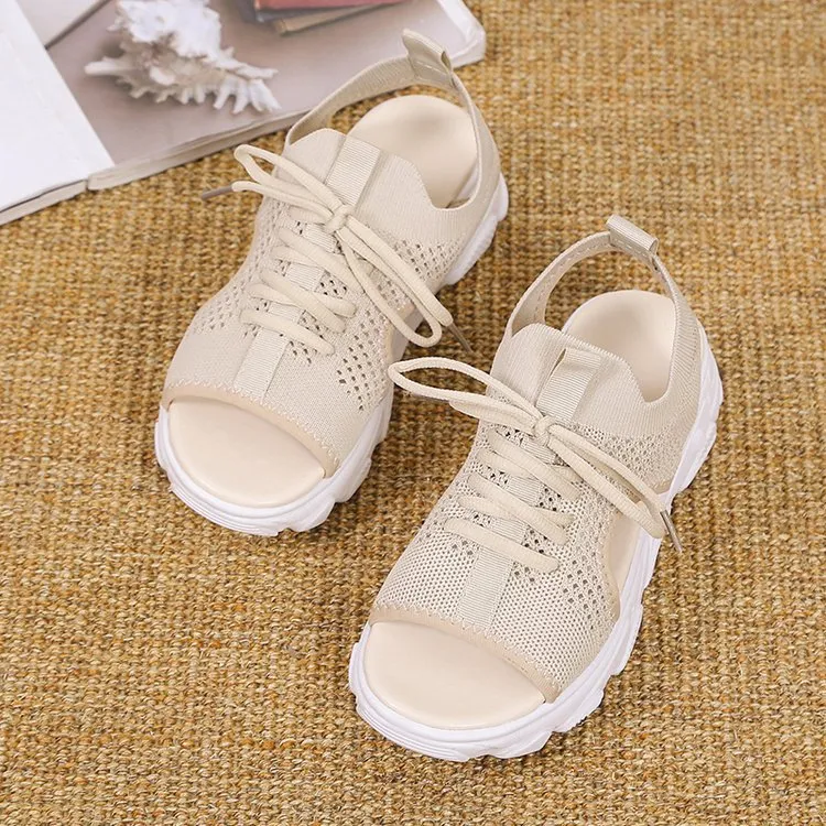 Women's Mesh Platform Lace-Up Fish Mouth Flyknit Open Toe Sandals