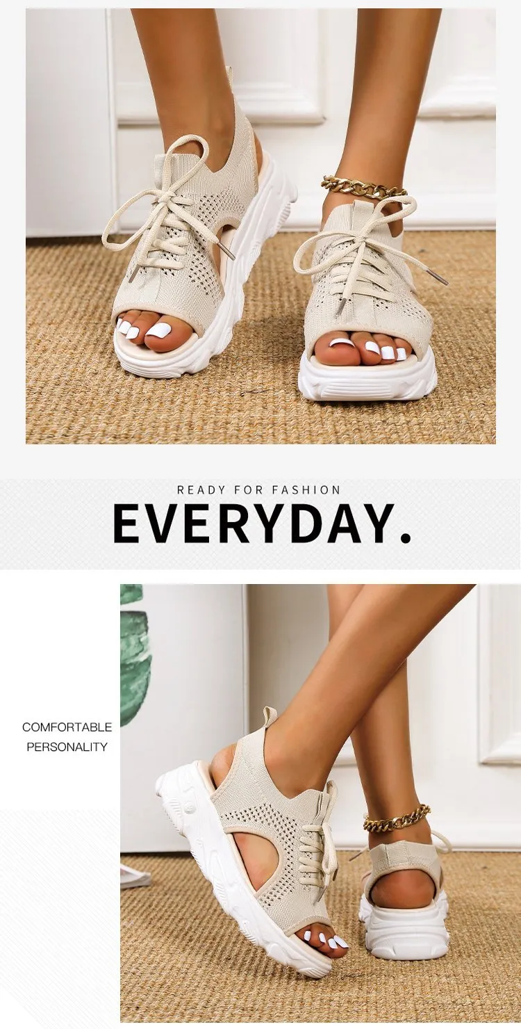 Women's Mesh Platform Lace-Up Fish Mouth Flyknit Open Toe Sandals