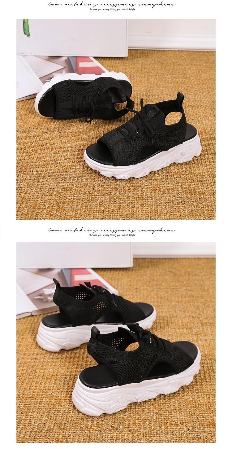 Women's Mesh Platform Lace-Up Fish Mouth Flyknit Open Toe Sandals