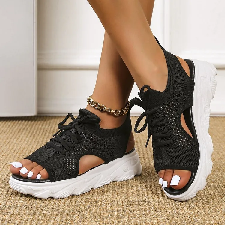 Women's Mesh Platform Lace-Up Fish Mouth Flyknit Open Toe Sandals