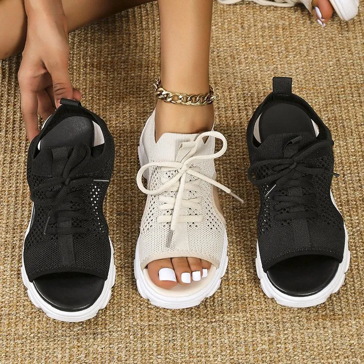 Women's Mesh Platform Lace-Up Fish Mouth Flyknit Open Toe Sandals