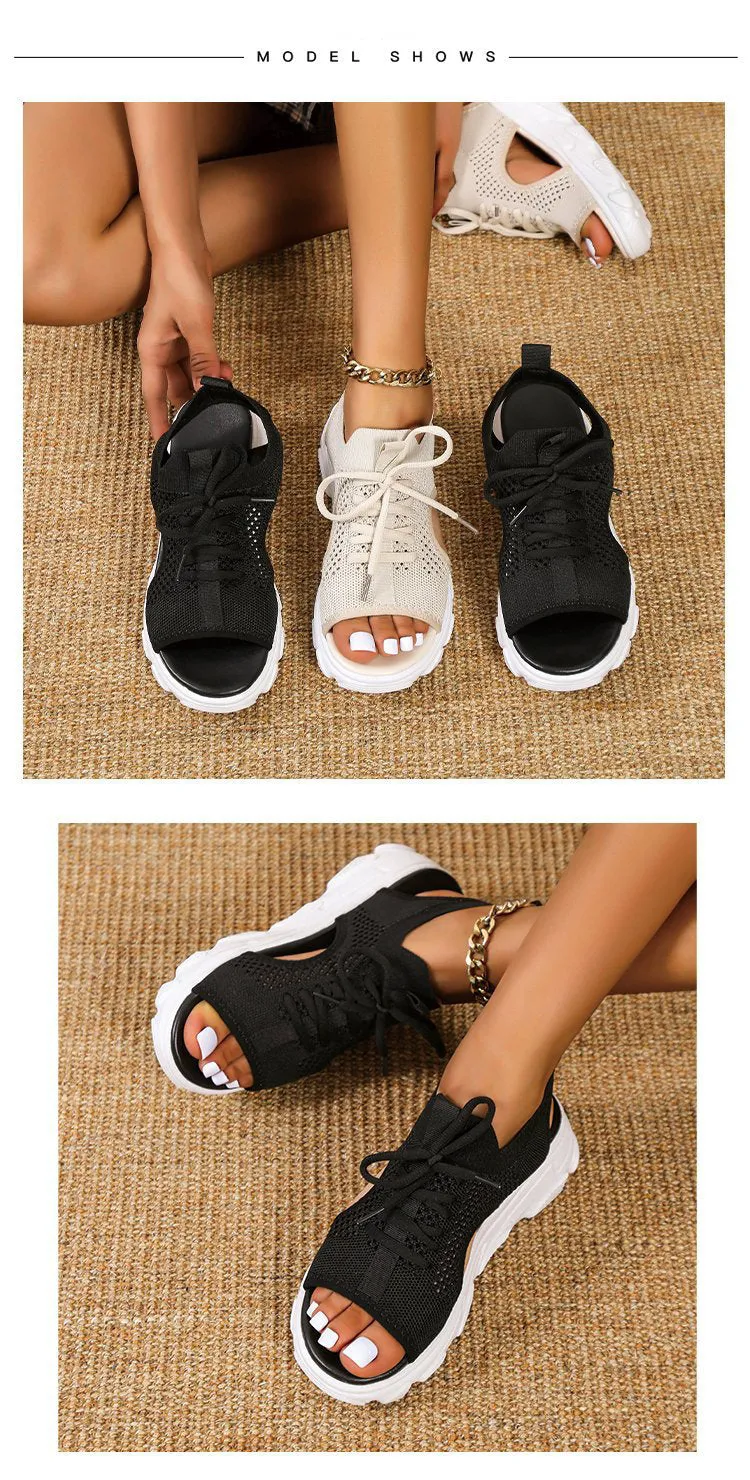 Women's Mesh Platform Lace-Up Fish Mouth Flyknit Open Toe Sandals