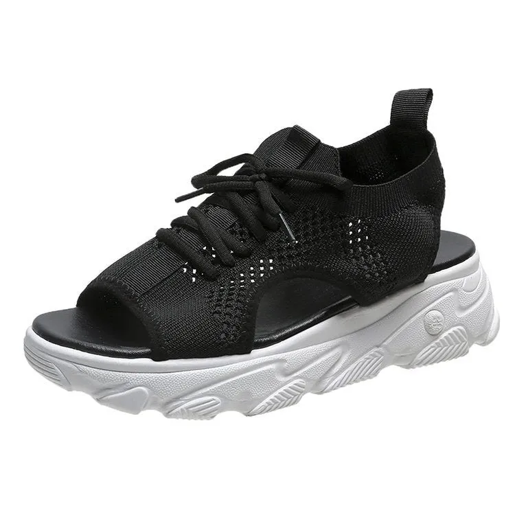 Women's Mesh Platform Lace-Up Fish Mouth Flyknit Open Toe Sandals