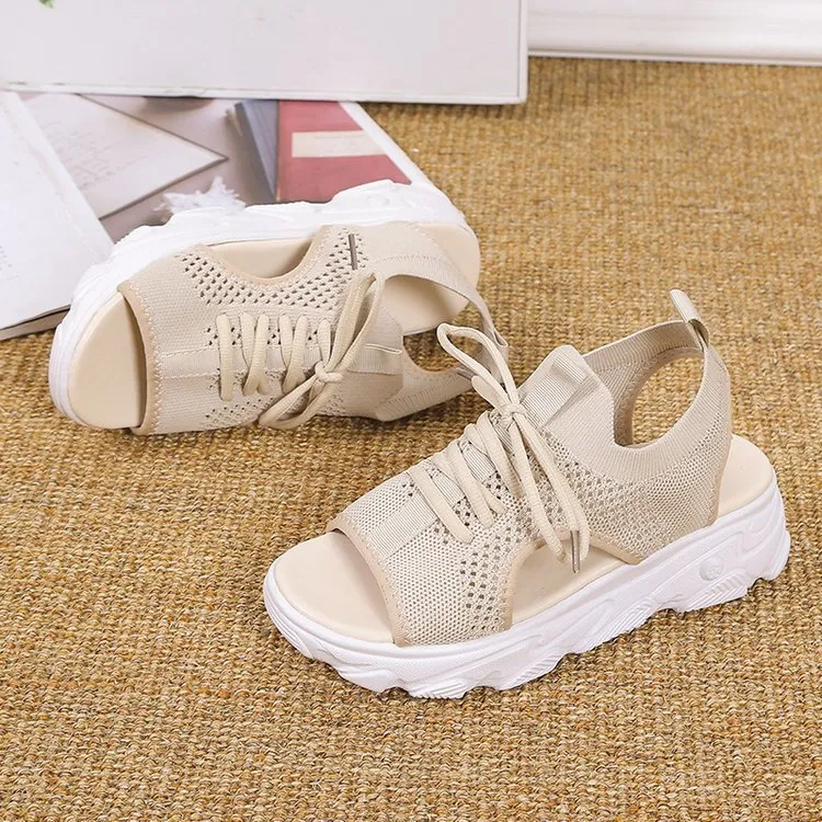 Women's Mesh Platform Lace-Up Fish Mouth Flyknit Open Toe Sandals