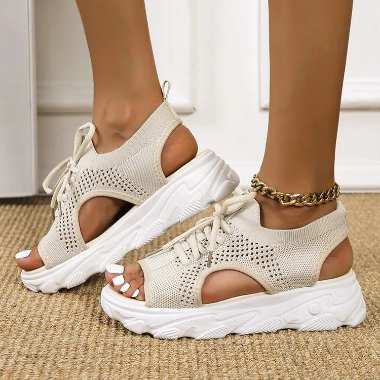 Women's Mesh Platform Lace-Up Fish Mouth Flyknit Open Toe Sandals