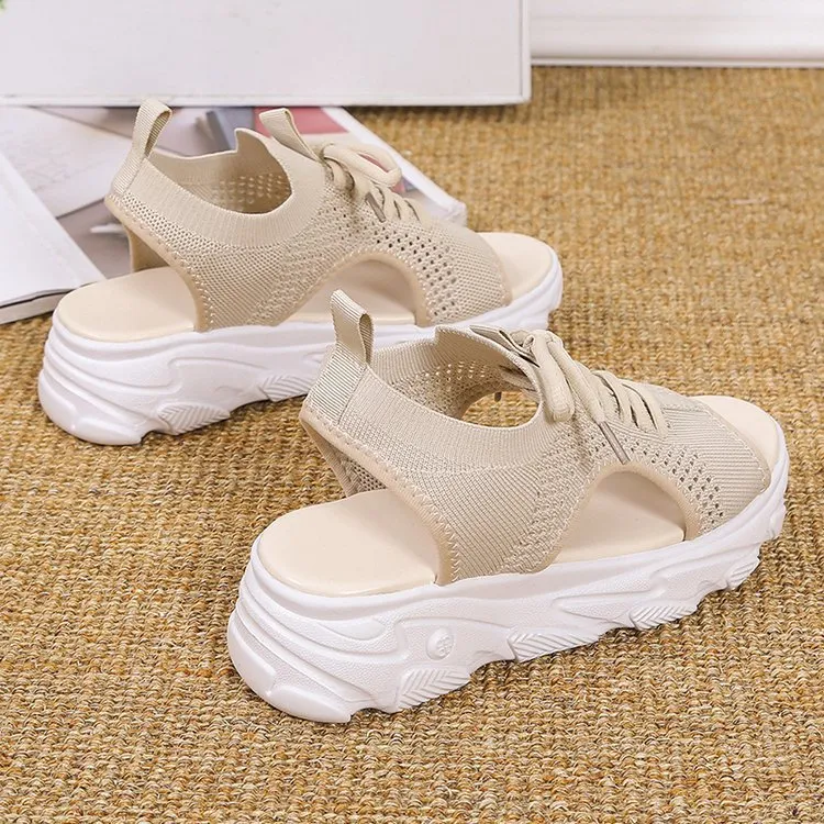 Women's Mesh Platform Lace-Up Fish Mouth Flyknit Open Toe Sandals