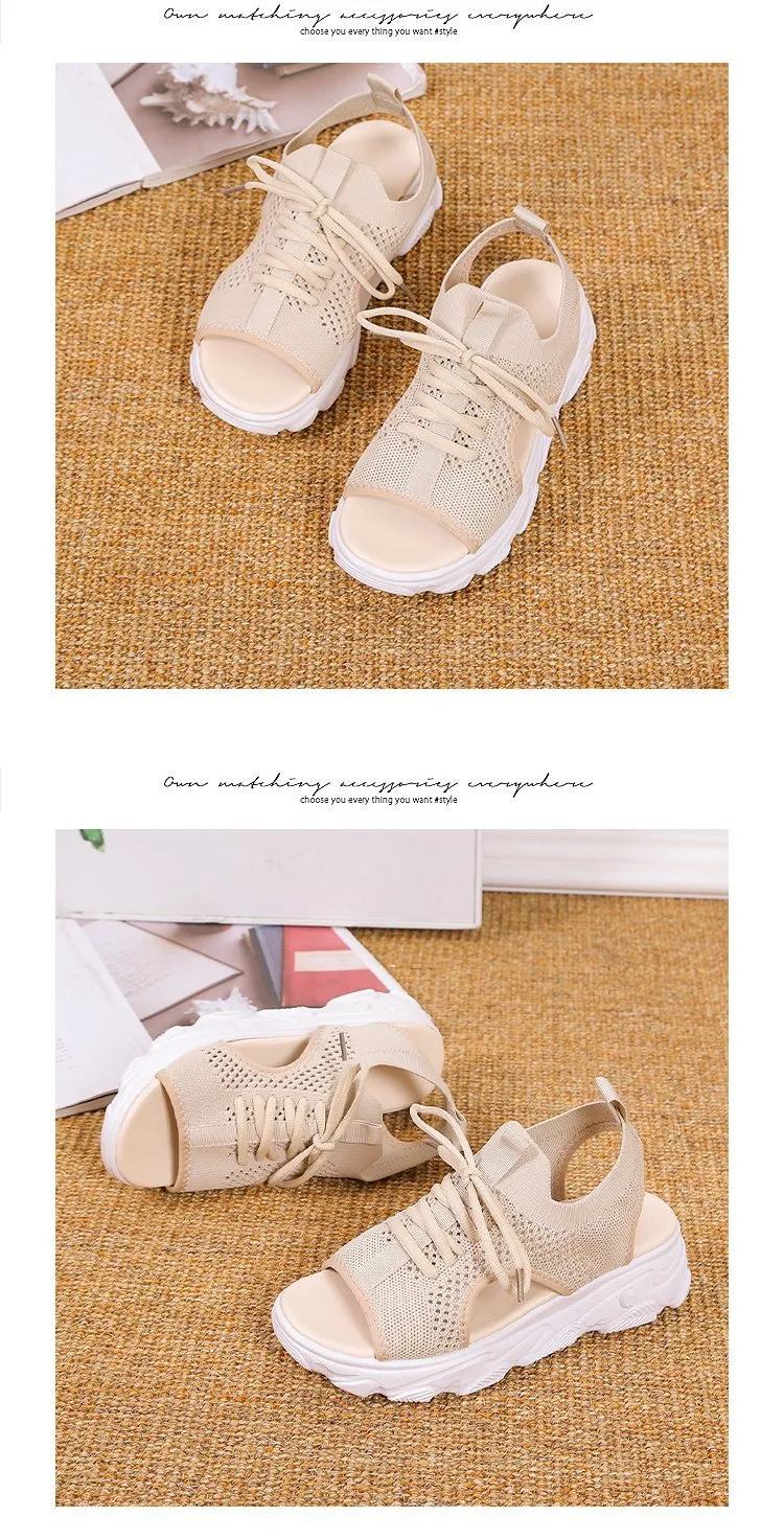 Women's Mesh Platform Lace-Up Fish Mouth Flyknit Open Toe Sandals
