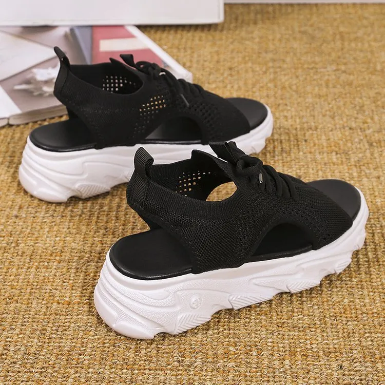 Women's Mesh Platform Lace-Up Fish Mouth Flyknit Open Toe Sandals