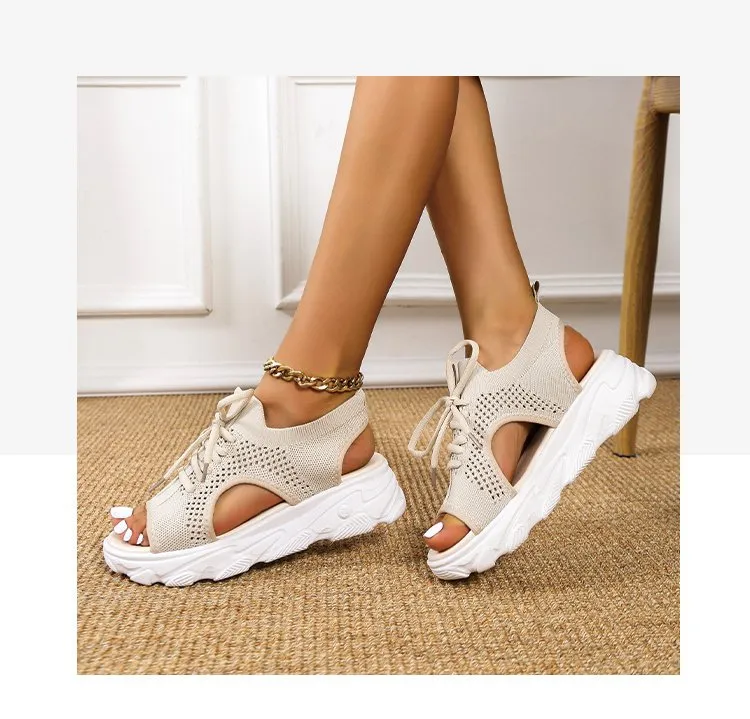 Women's Mesh Platform Lace-Up Fish Mouth Flyknit Open Toe Sandals