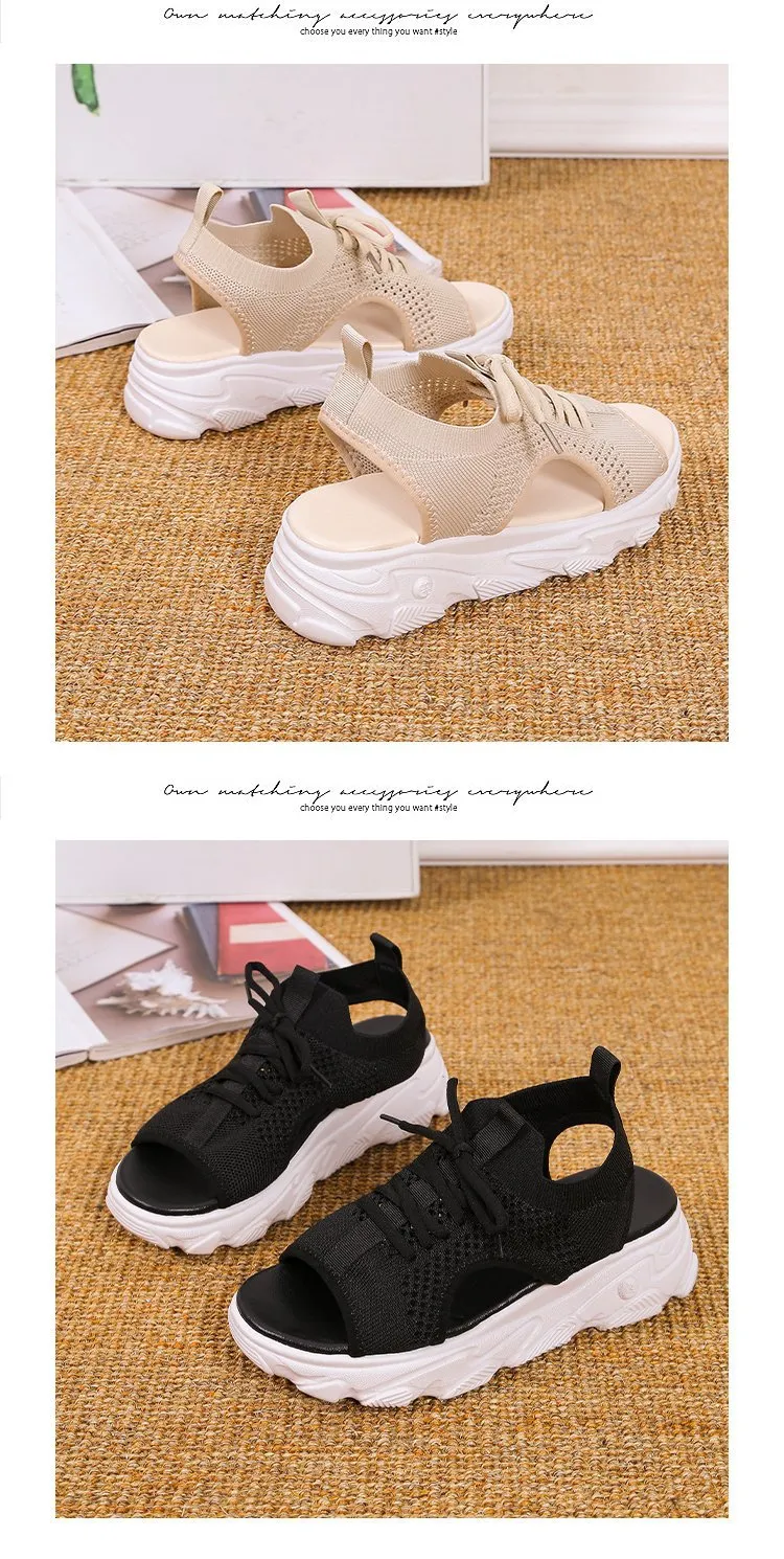 Women's Mesh Platform Lace-Up Fish Mouth Flyknit Open Toe Sandals