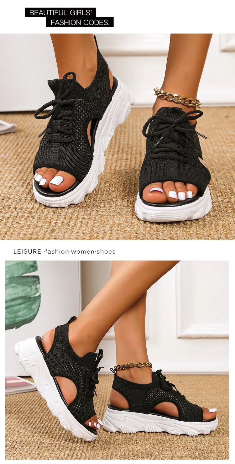 Women's Mesh Platform Lace-Up Fish Mouth Flyknit Open Toe Sandals